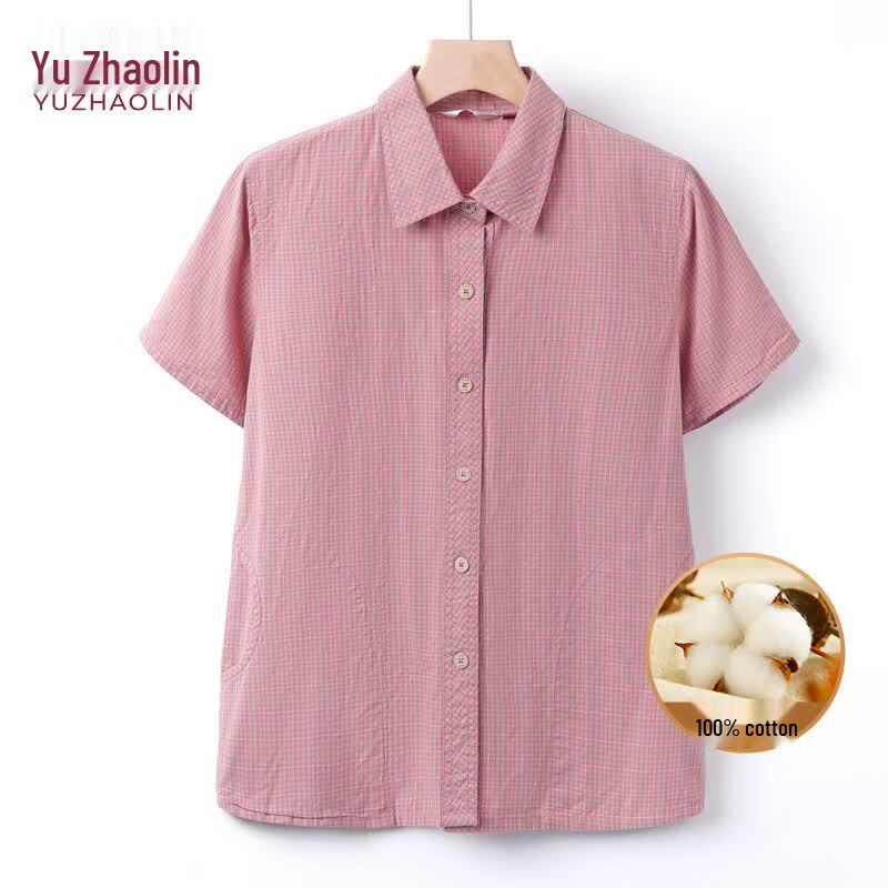 YUZHAOLIN Women s Summer Plaid 100% Cotton Short Sleeve Cardigan Blouse 2XL