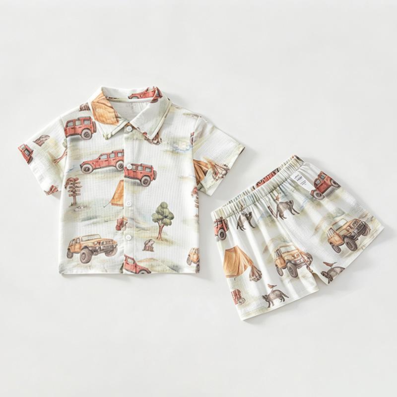 Silk Linen Cotton Boys Short Sleeve and Shorts Set - Korean Style Casual & Breathable Summer Outfit 110 cm