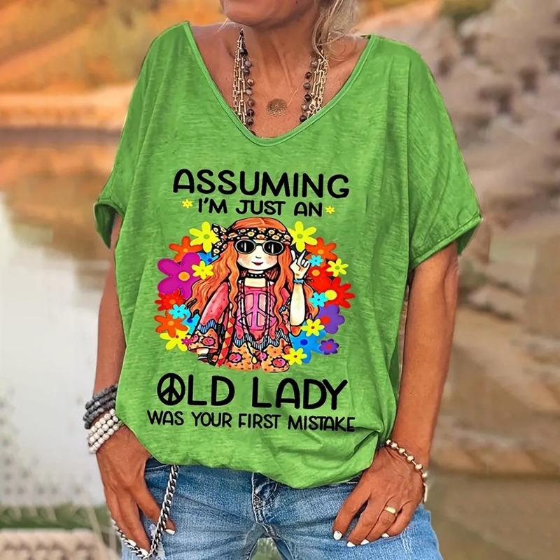 Retro Letter Printing V-neck Women's Short-sleeved Daily Weekend Women's Clothing Oversized Summer T-shirt Top