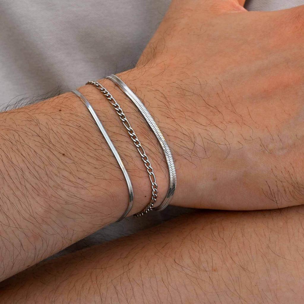 3 Stück/Set Minimalistisches Kettengliedarmband für Männer Jungen, Edelstahl Silberfarbene Kette Verstellbares Armband, Einfaches Schmuckset Geschenk