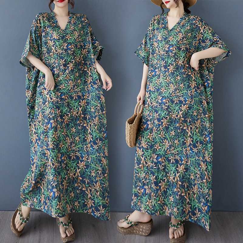 Women's Vintage Long Dress with Cotton and Linen Patterns