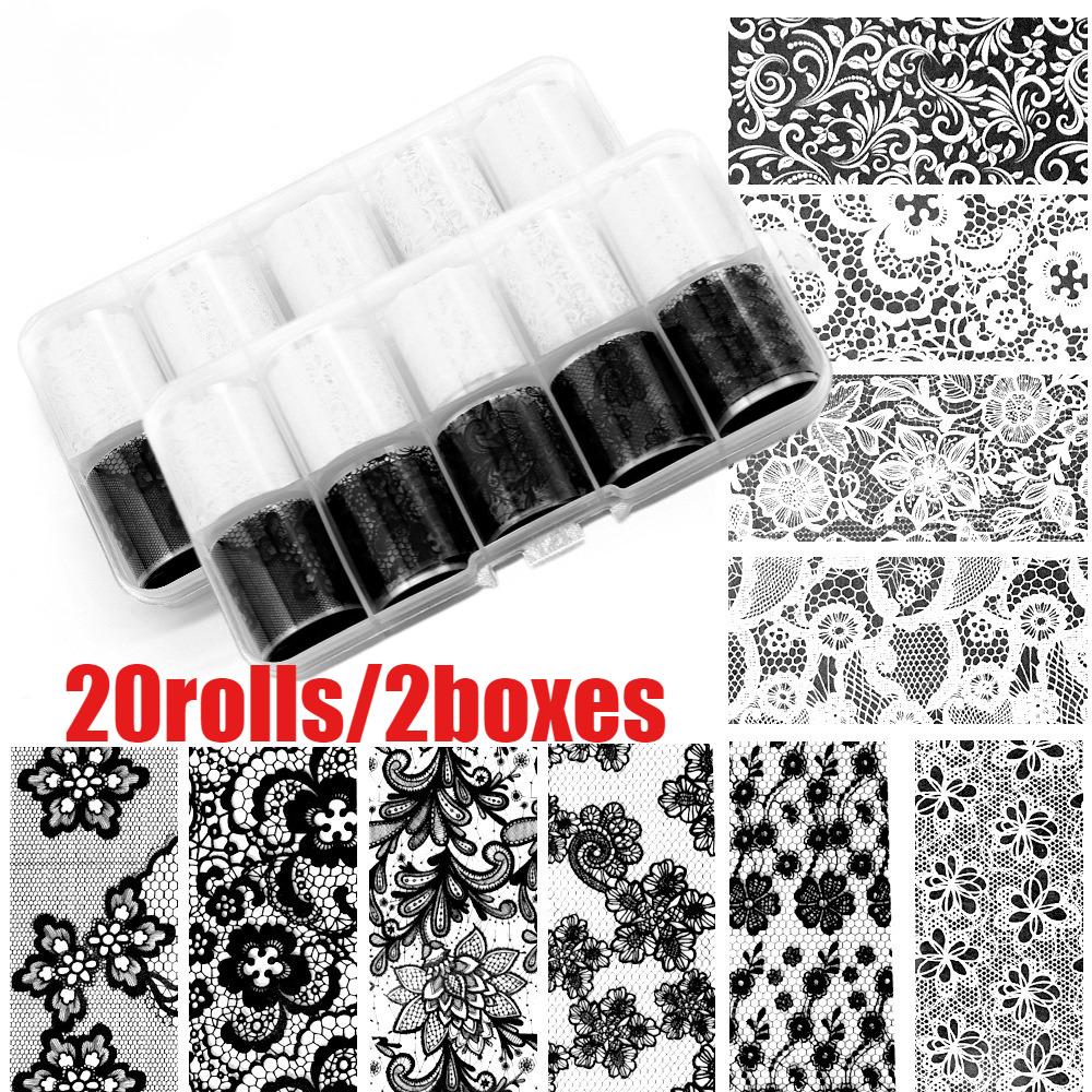 10/20/30Rolls 2.5cm Black White Lace Transfer Foil New Nail Art Sexy Full Wraps Flower Glue Adhesive DIY Manicure Styling Tools
