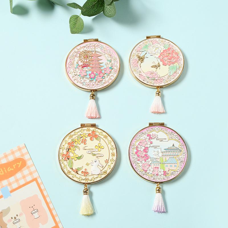 Guochao Tassel Makeup Travel Mirror - Portable, Ancient Style Souvenir, Creative Metal Craft