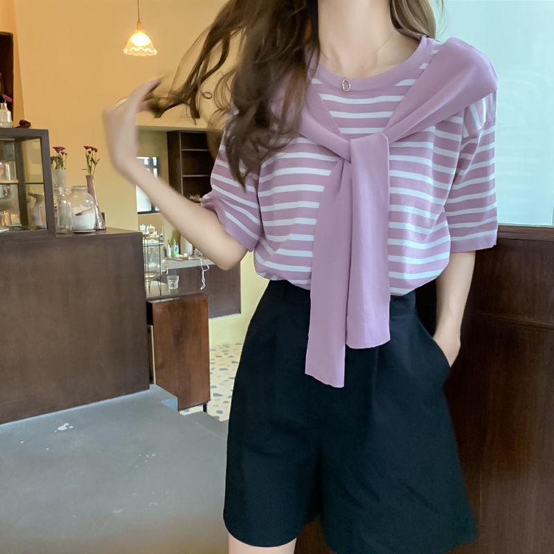 Summer 2024 Women's Fashion: Western-Style Striped Short-Sleeved Shawl T-Shirt