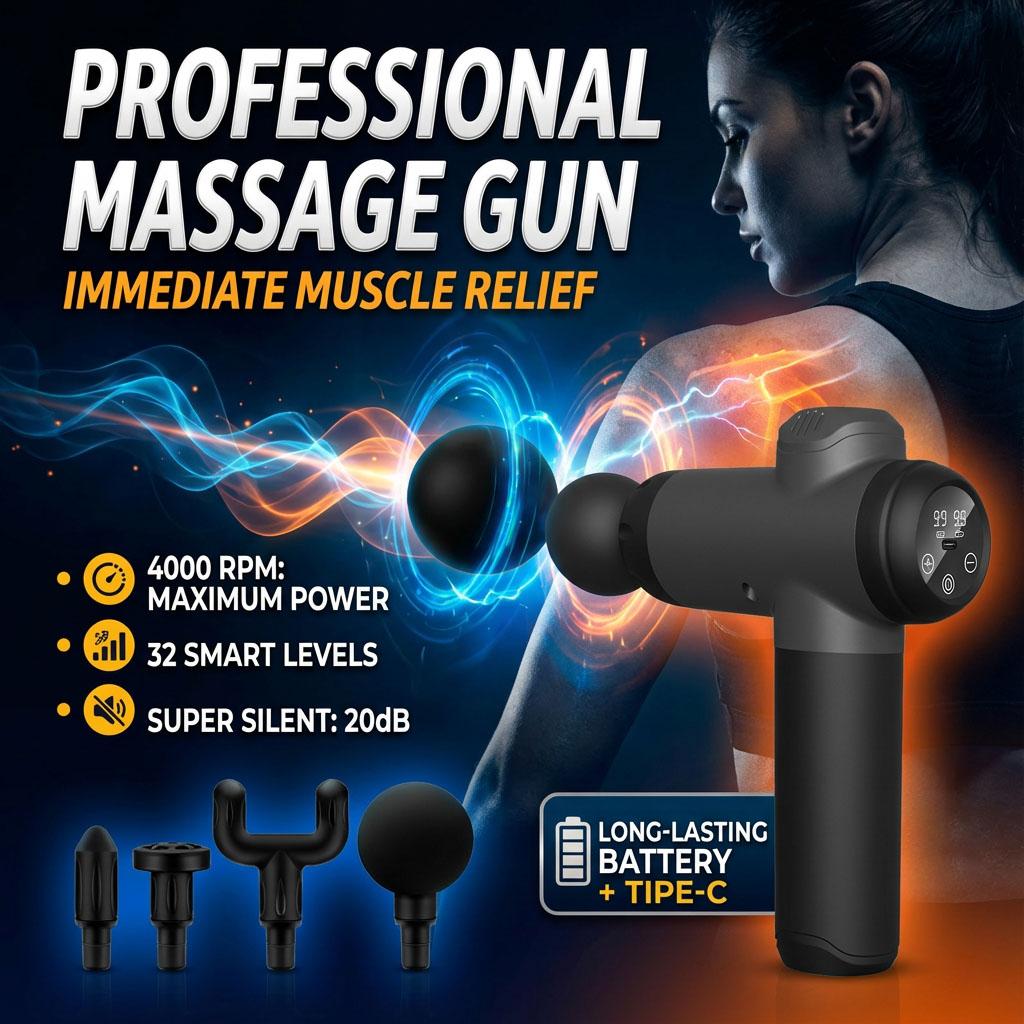 

Deep Tissue Percussion Massage Gun for Athletes. 99 Speeds LCD Display. 8 Heads Full Body Pain Relief Quiet Muscle Massager Device.