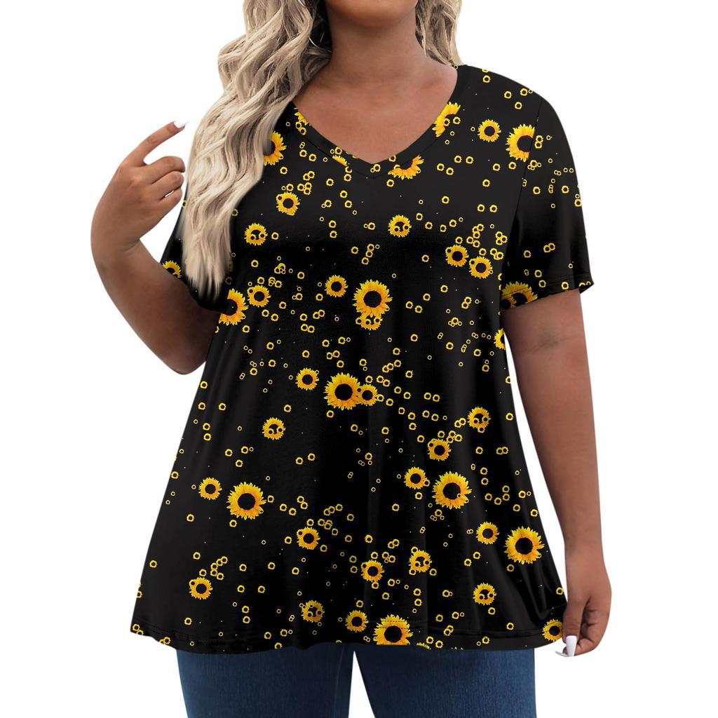 American Women's Clothing New Temperament V-neck Large Size Short-sleeved T-shirt Top Independent Day Personalized 3D Printing