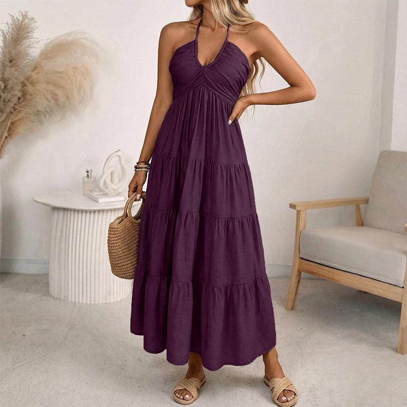 Women's Summer Halter Neck Tiered Maxi Dress Solid Color Ruffle Hem Beach Sundress