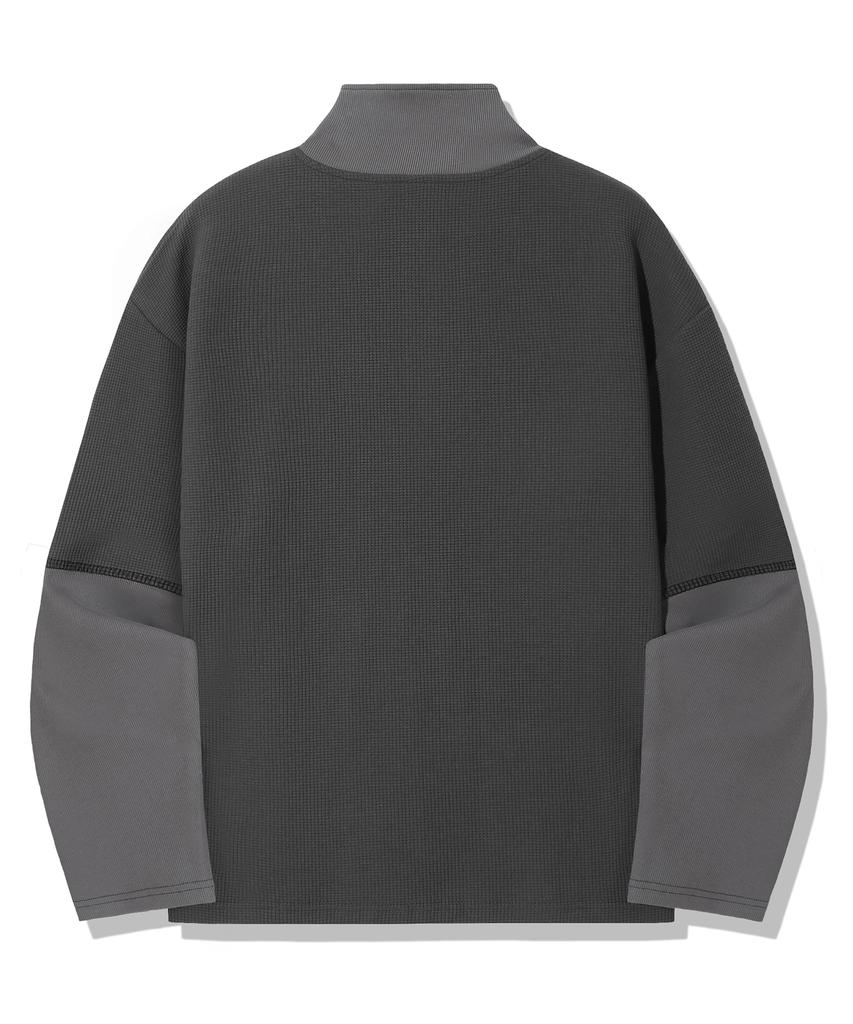 TRILLION Waffle Ring Snap Collar Henley Neck Long Sleeve_Charcoal