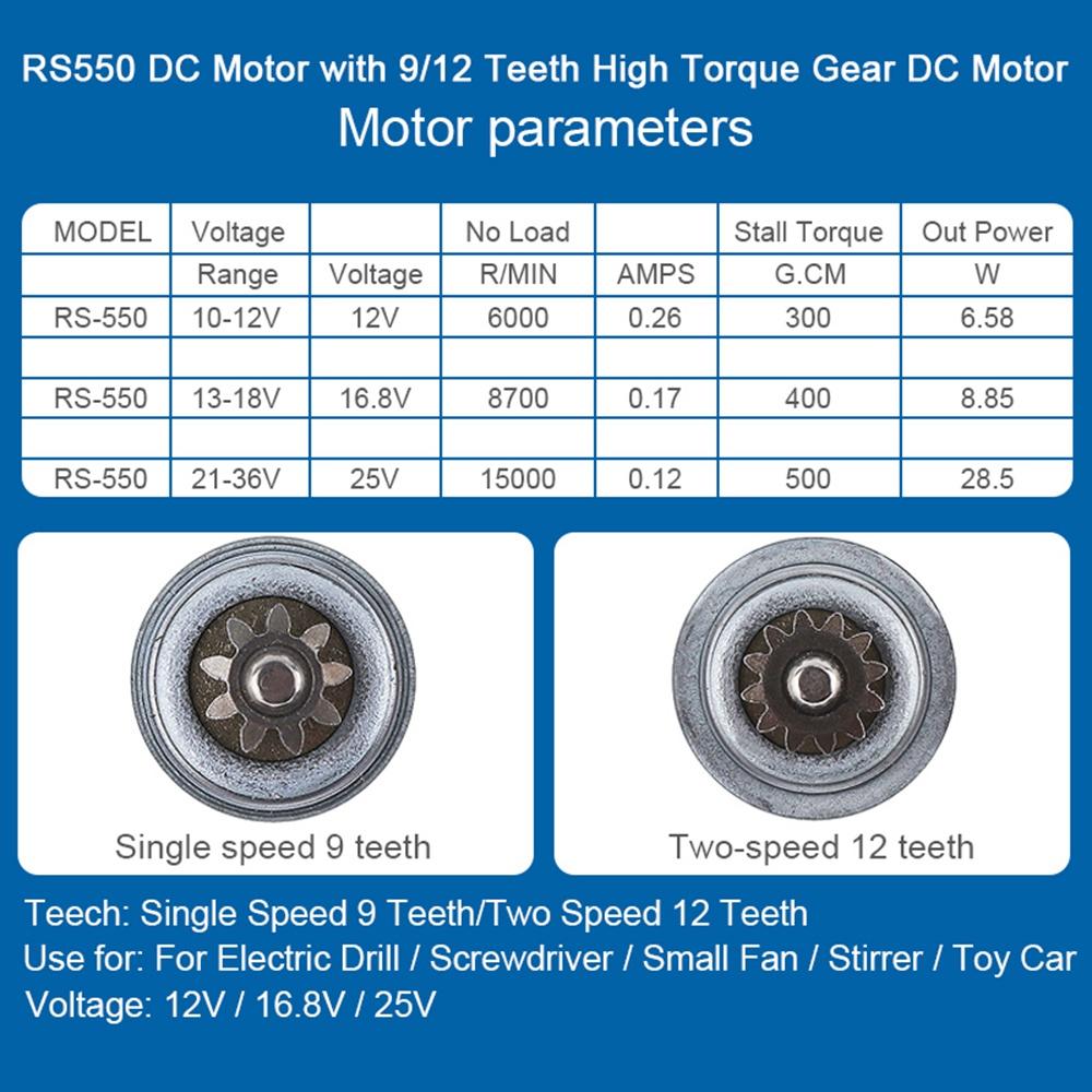 BHBL RS550 12V 19500 RPM DC Motor with Two-Speed 11 Teeth and High Torque for Electric Drill/Screwdriver