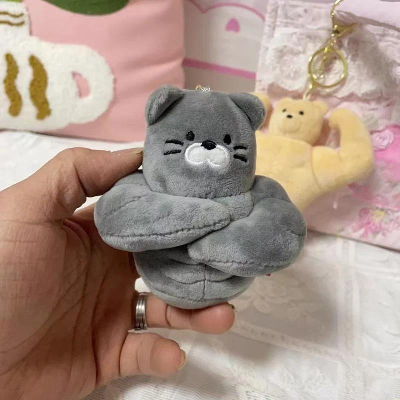 Soft Fluffy Gray Muscle Cat Plush Keychain Cartoon Plush Keyring Bag Pendant Backpack Ornament Gift For Cat Lovers