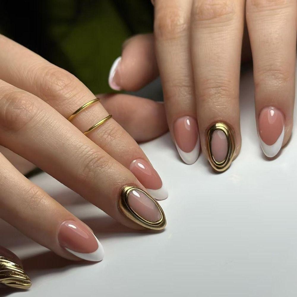 24pcs Manicure Long Almond False Nails French Misty Blue Retro Press On Nails Detachable Flowers Starfish Nail Tips DIY