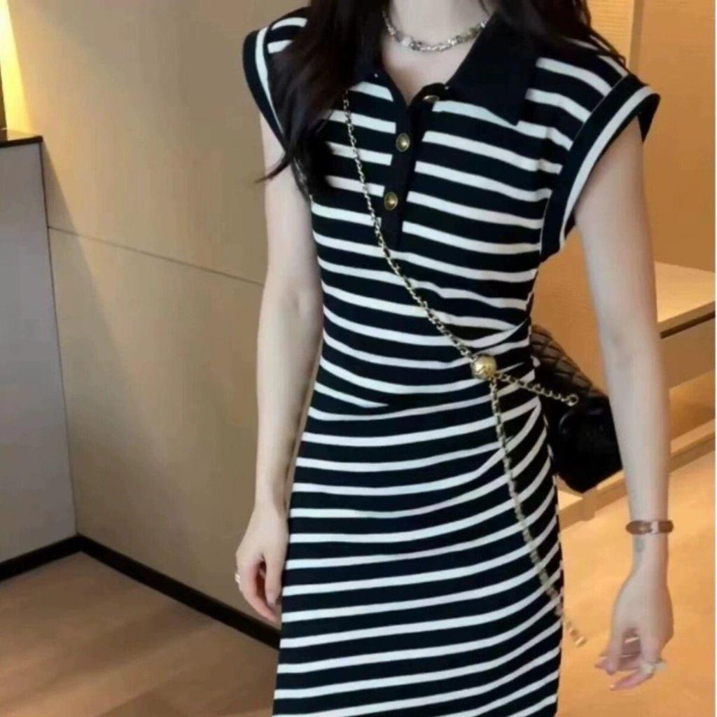 French Retro Polo Collar Color Block Stripe Knit Dress with Pleated Waist