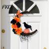Spooky Home Decorations Halloween Door Sign, Artificial Floral Branch Crow Moon Wall Hanger with Themed Event Bird, Window Yard Decor for Party
