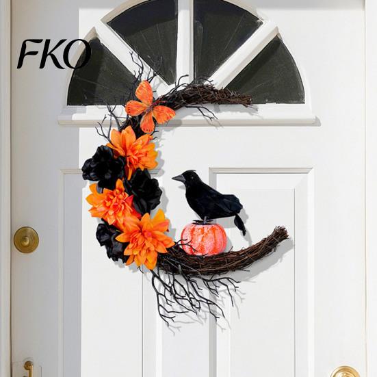 Spooky Home Decorations Halloween Door Sign, Artificial Floral Branch Crow Moon Wall Hanger with Themed Event Bird, Window Yard Decor for Party