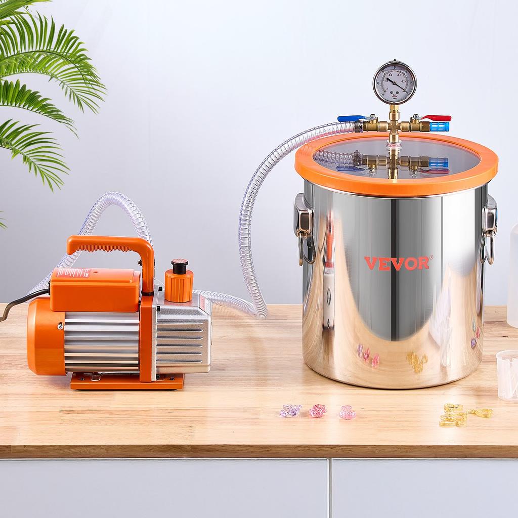 VEVOR 19 litros(5 Galones) Cámara de Vacío y 100 L/min(3.5 CFM) Kit de Bomba, Cámara de Acero Inoxidable, Kit de Cámara de Desgasificación con Bomba de Vacío de Una Etapa