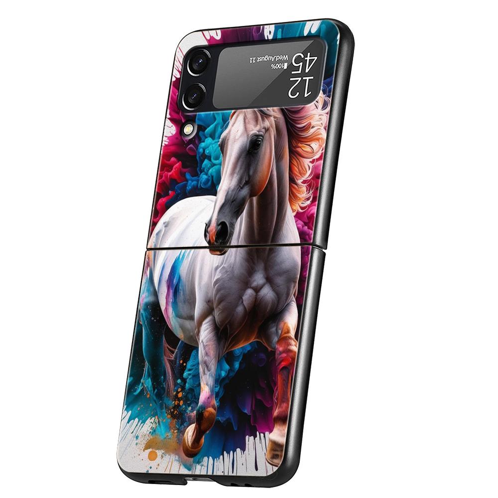 Hard PC Phone Case For Samsung Galaxy Z Flip 7/6/5/4 Black Cover For Galaxy Z Flip 3 Foldable Shockproof Capas Horse Animal Bags