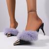 Fashion Brand Designer Mix Color Faux Fur Slippers Mules Women 2025 High Heels Slip On Sandals Fashion Party Long Plush Slippers Size 43