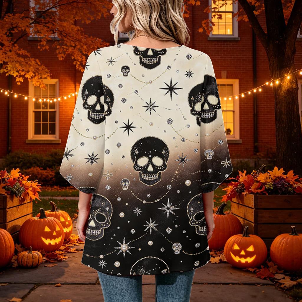 Women's Halloween Print Casual Neck Loose Fit 3/4 Sleeve Top