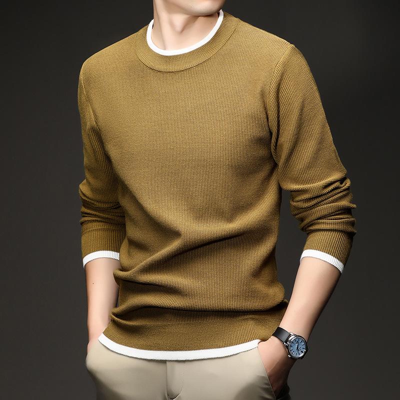 Men's Long Sleeve Round Neck Knit Sweater - Spring & Autumn Style, Fashionable Waffle Knit for Young and Middle-aged Individuals