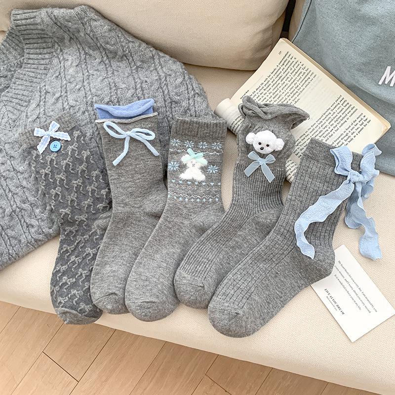 Fall/Winter Gray Warm Fleece Socks - Children's Color-Contrasting Butterfly Knot Mid-Calf Socks with Hollowed-Out Hemp Patterned Layers for Women