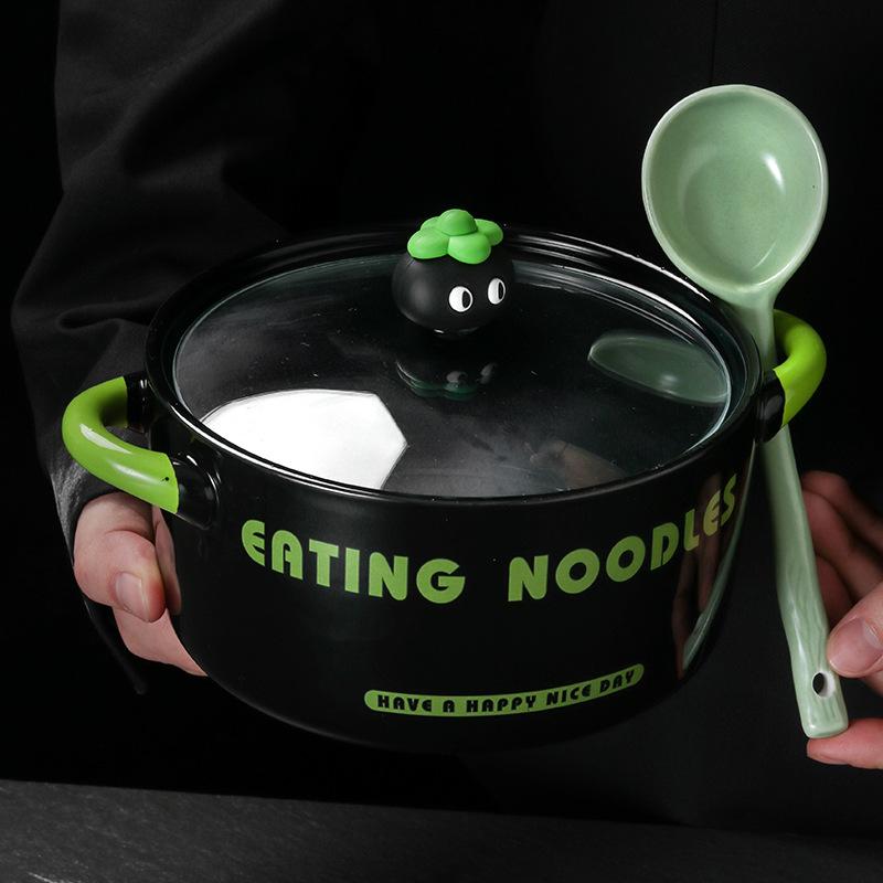 High-value Cute Instant Noodle Bowl with Lid 2024 New Household Binaural Ceramic Soup Bowl Student Dormitory Snail Powder Bowl