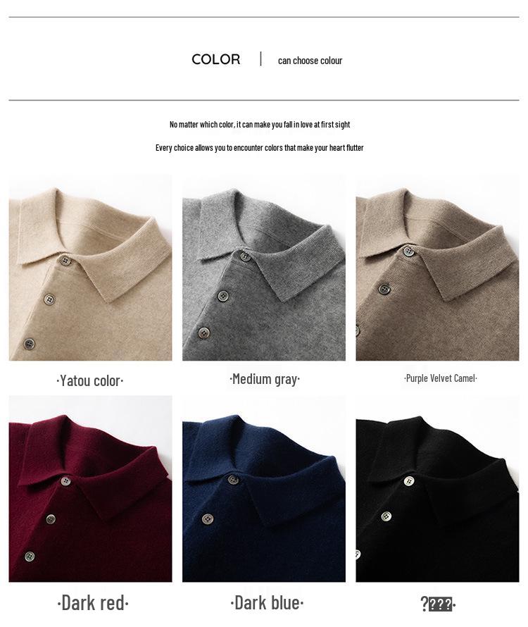 Men's Cashmere Polo Collar Sweater, Solid Color Knitwear, Long Sleeve Button-Up Pullover for Autumn/Winter