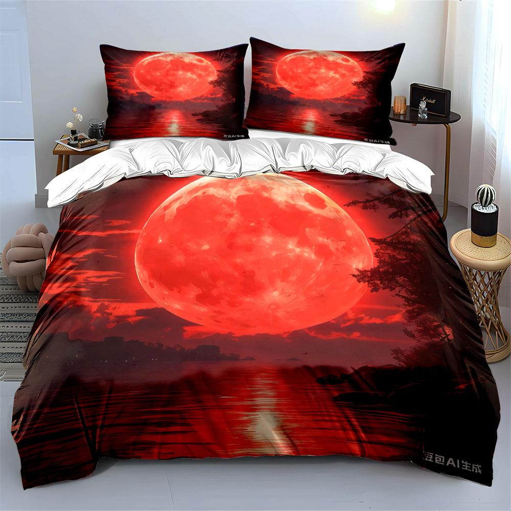 Red Moon Night Decorative Set Multiple Sizes Kid'S And Adults' Bedroom Exquisite 3Pc Bedding Set, Gift