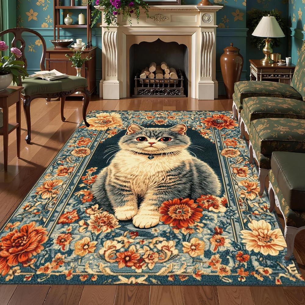 

Vintage Floral Cat Printed Carpet Bohemian Style Border Door Mat Living Room Bedroom Decoration Rug 40x60cm