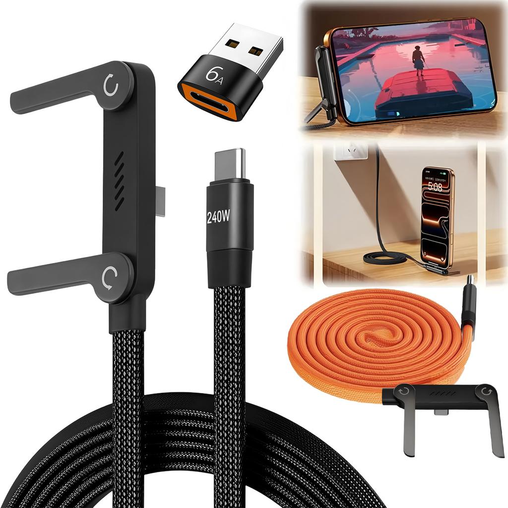 240W 2-in-1 Fast Charging Foldable Bracket Data Cable Type-C To Type-C USB To Type-C Data Wire with OTG Phone Stand