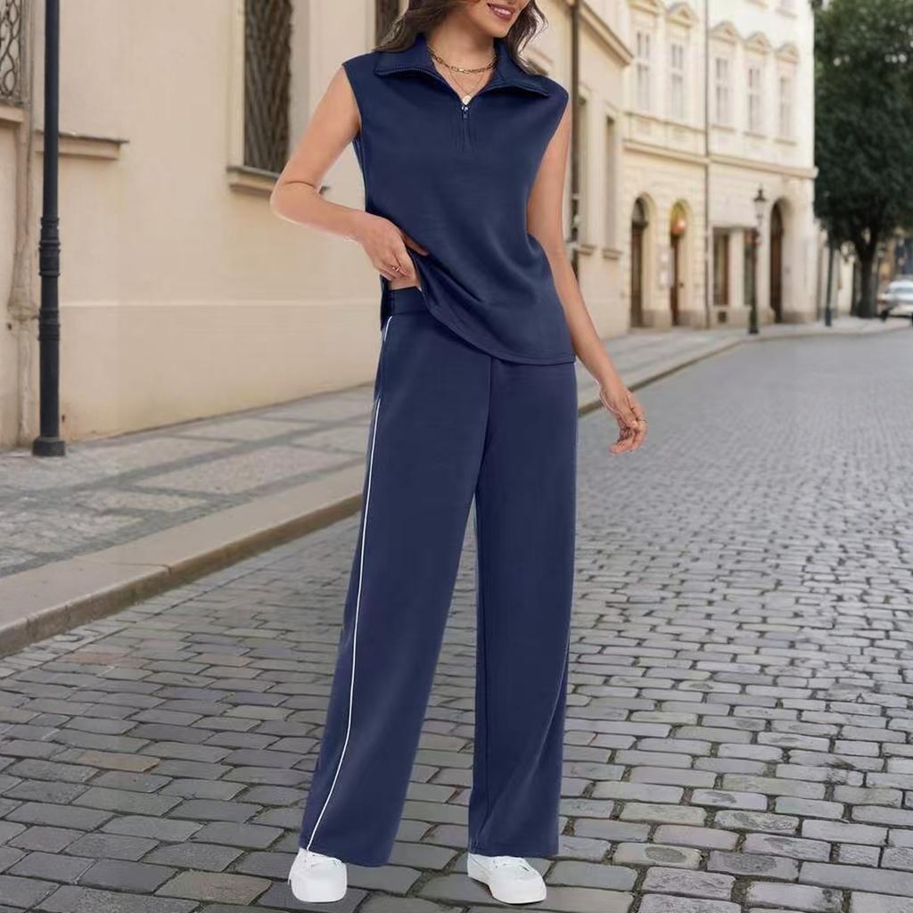 Women’s Sleeveless Top and Wide Leg Pants Two Piece Set with Zipper Collar and Side