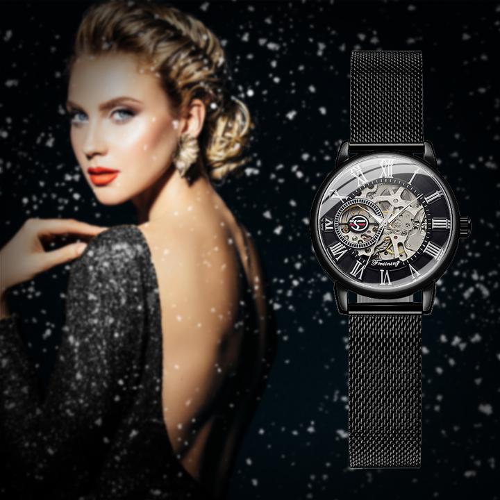 Mode Forsining Top Marke Damen Uhren Für Frauen Skelett Mechanische Uhr Netz Netz Edelstahl Weibliches Geschenk Uhr