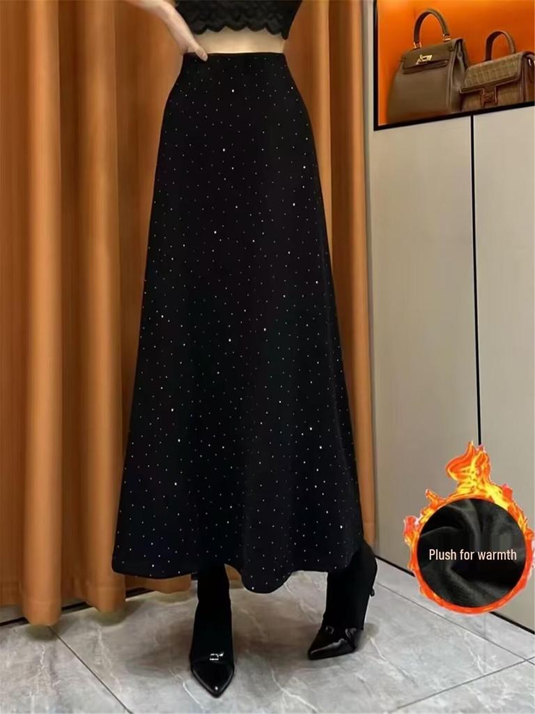 Premium Rhinestone High-Waisted A-Line Fishtail Skirt - Women's Autumn Winter Fashion