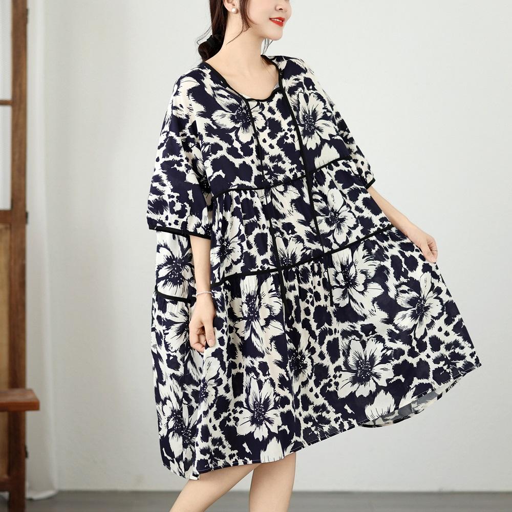 Abito midi estivo casual ampio in cotone e lino a maniche corte, taglie forti, floreale vintage, novità per donna