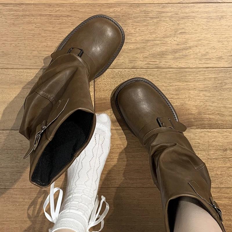 Retro Brown Western Cowboy Boots Slip-on Mid-calf Boots Knee-high Platform Thick Heel Women's Boots Designer Women's Shoes 2025