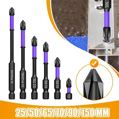 Magnetischer D1 Anti-Schock-Chargenkopf Hohe Härte Rutschfeste Schlagbits Kreuzschraubendreher 25/50/65/70/90/150 mm Ph2-Schraubendreher-Satz
