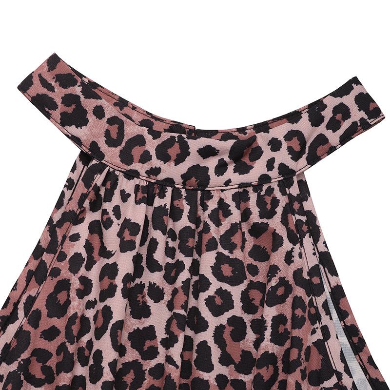 VEZFAA Women's Fashion Summer Spring Leopard Print Sleeveless Hanging Neck High Waist Casual Dresses