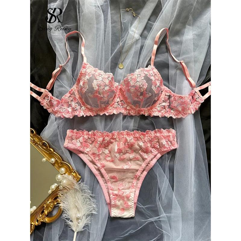 SINGREINY Mesh Sheer Lingerie Two Pieces Suits French Floral Seusual Underwear Sets Women Embroidery Sexy Bra&Briefs Sets