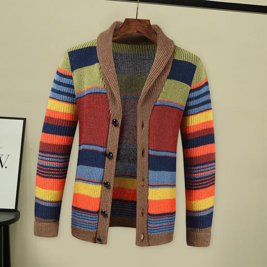 Men Fall Winter Sweater Coat Knitted Color Matching Striped Single-breasted Cardigan Loose Elastic
