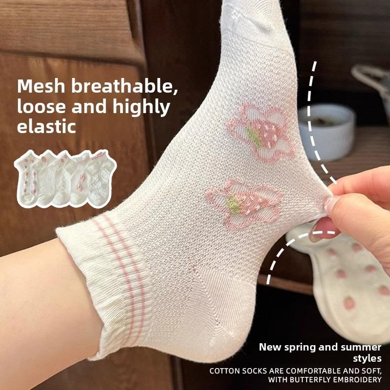 Floral Socks, Children's Short Socks, Summer Lightweight Cotton Socks, Mesh Ventilation, Strawberry Style, Versatile, Trendy, Short Tube, Summer