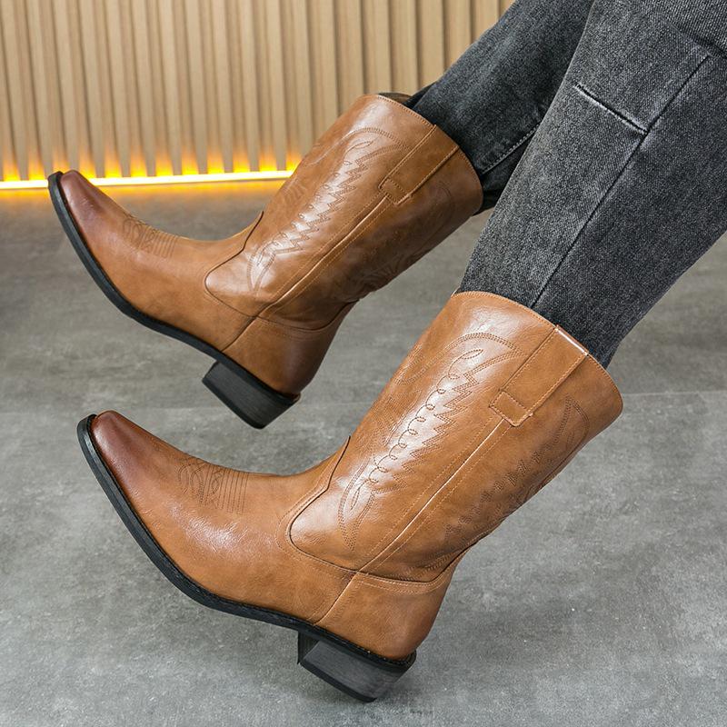 Stivali da Cowboy Western in Pelle Retrò da Uomo, Punta Acuta, Taglia Grande, Tacco in Legno, Stile Cavaliere.