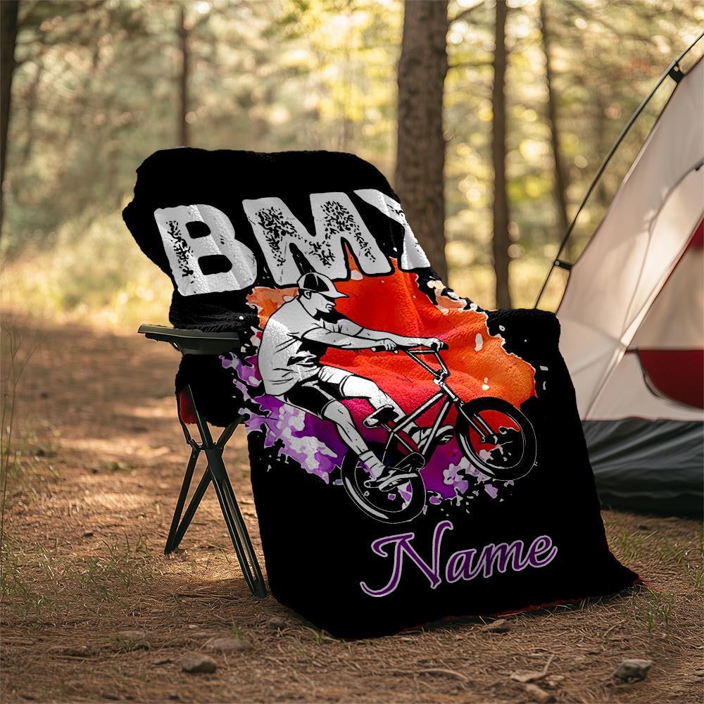 Bmx Rider Performing Tricks Artwork Customizable Outdoor Blanket Customize Your Name Soft Warm Cozy Versatile For Picnics Outdoor Travel And Camping