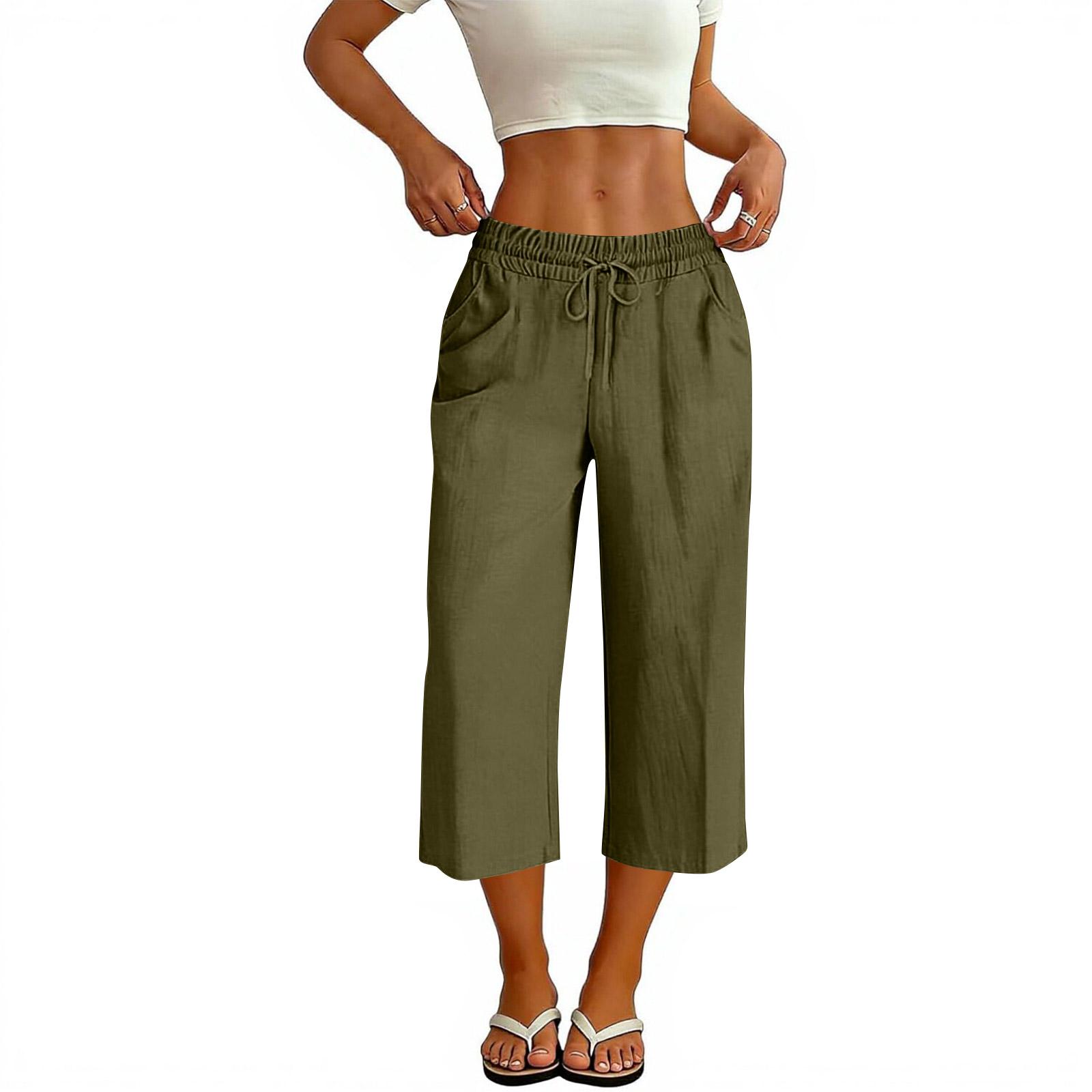 Women s fashion  cotton and linen wide leg cropped pants (no back pocket) L