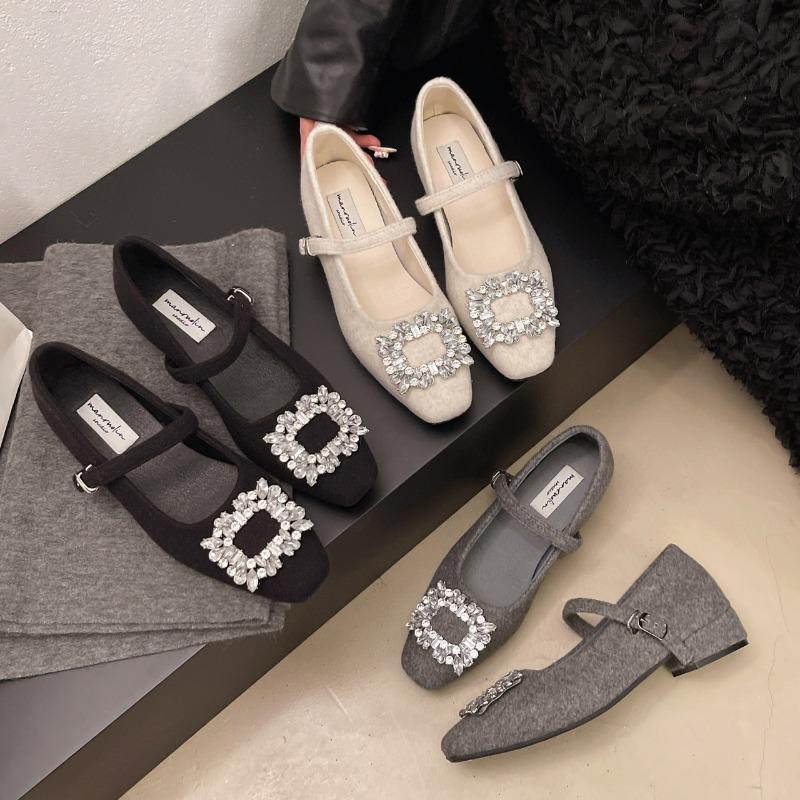 Vielseitige Dicke Absatz Einzelne Schuhe Damen Rock Frühling Neu Strass Samt Warm Mary Jane High Heels Tide