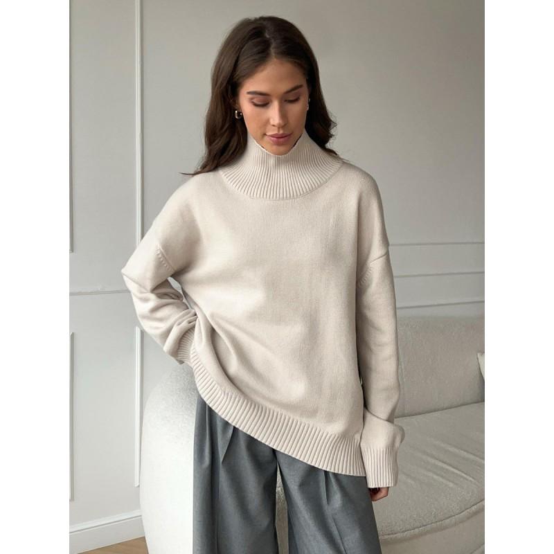 Womens Oversized High-Neck Knit Pullover Sweater Soft Thick Plain Color Casual Long Sleeve Top