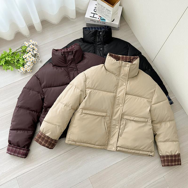 Vertical Collar Plaid Contrast Cotton Warm Short Thickened Jacket