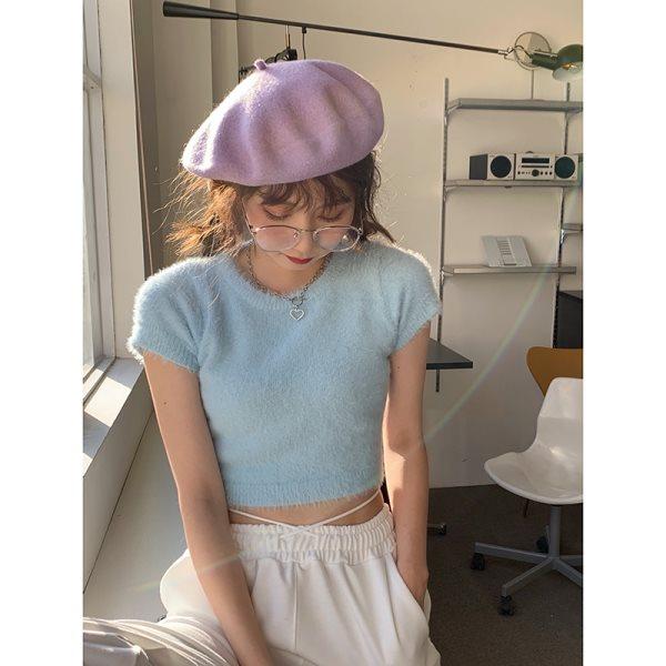 

Women s Solid Color O Neck Slim Knitted T-Shirt Korean Style Short Sleeve Casual Versatile Velvet Cropped Tops