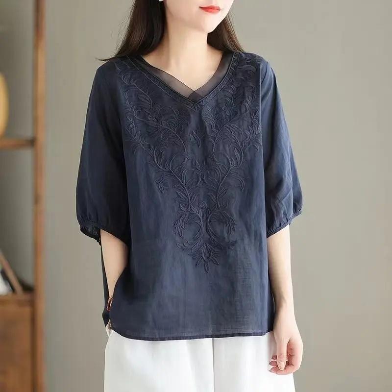 Casual Cotton Linen Blend Mid Sleeve Shirt Women's V Neck Embroidery Heavy Work Summer Style Thin Cotton Linen Shirt