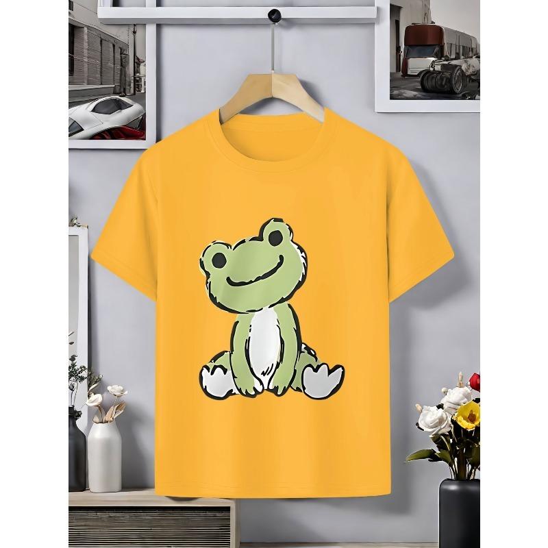 European sizes ' Pink Cute Frog Print T-Shirt - Soft Short Sleeve Summer Top with Green Frog & White Belly Design, Round Neck Casual Playwear for,
