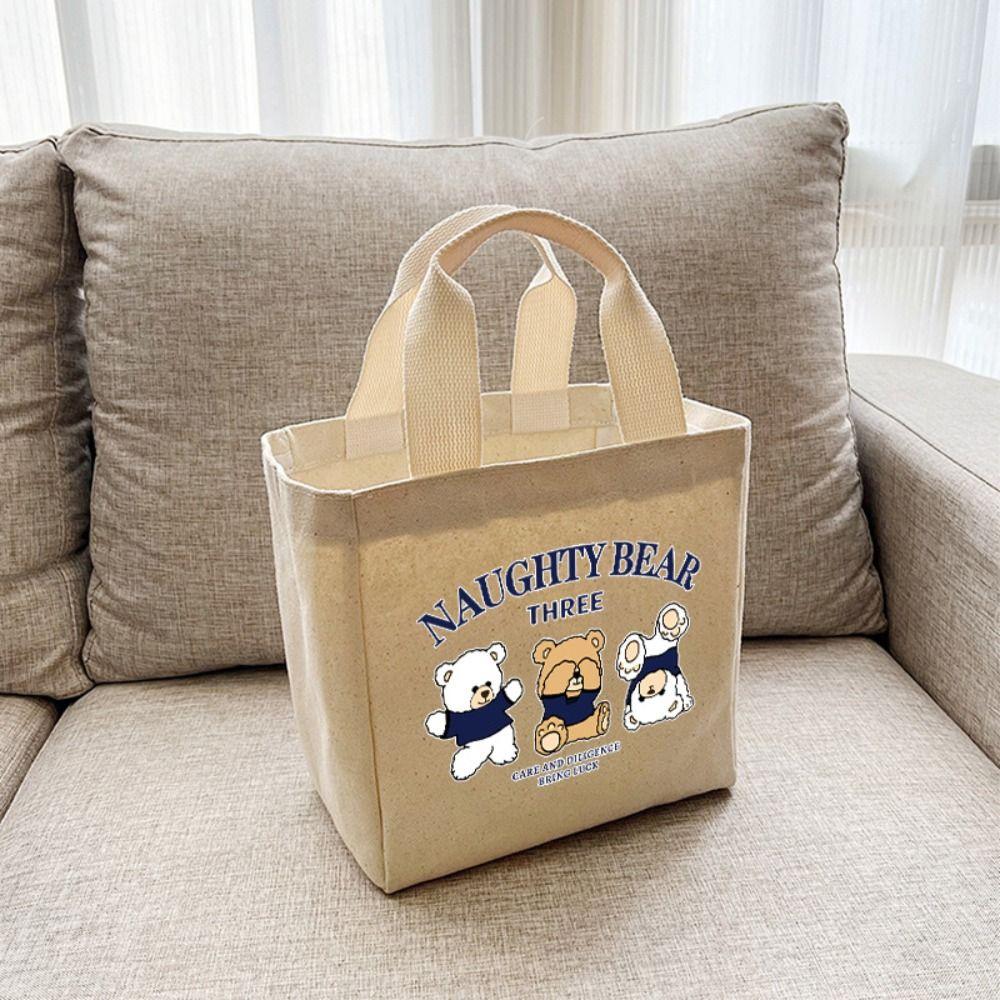 

New Cartoon Embroidery Lunch Bag Casual Fashion Canvas Handbag Cute Bear Tote Bag Outdoor Food Storage Picnic Pouch