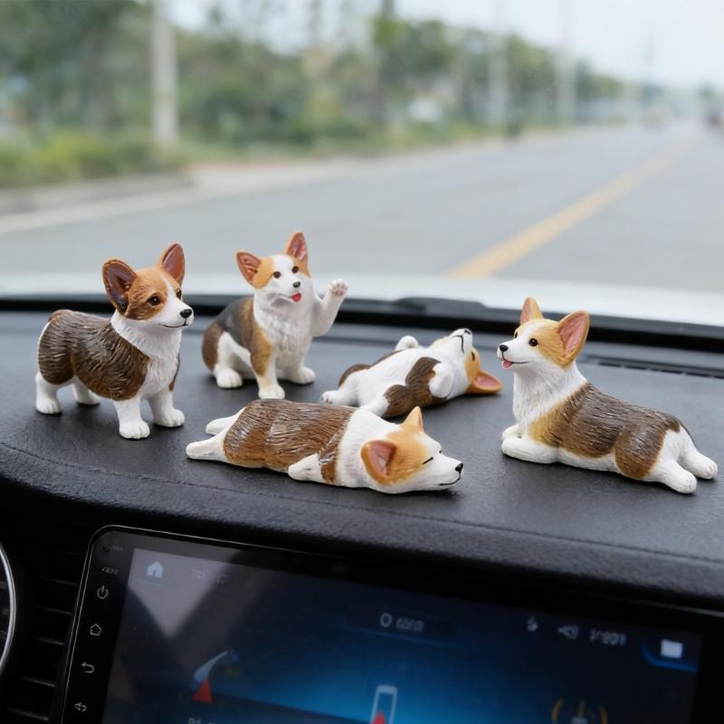 5Pcs Mini Dog Figurines with Assorted Poses Strong Small Dog Statues Easy Adhesive Installation for Car Dashboard Decors
